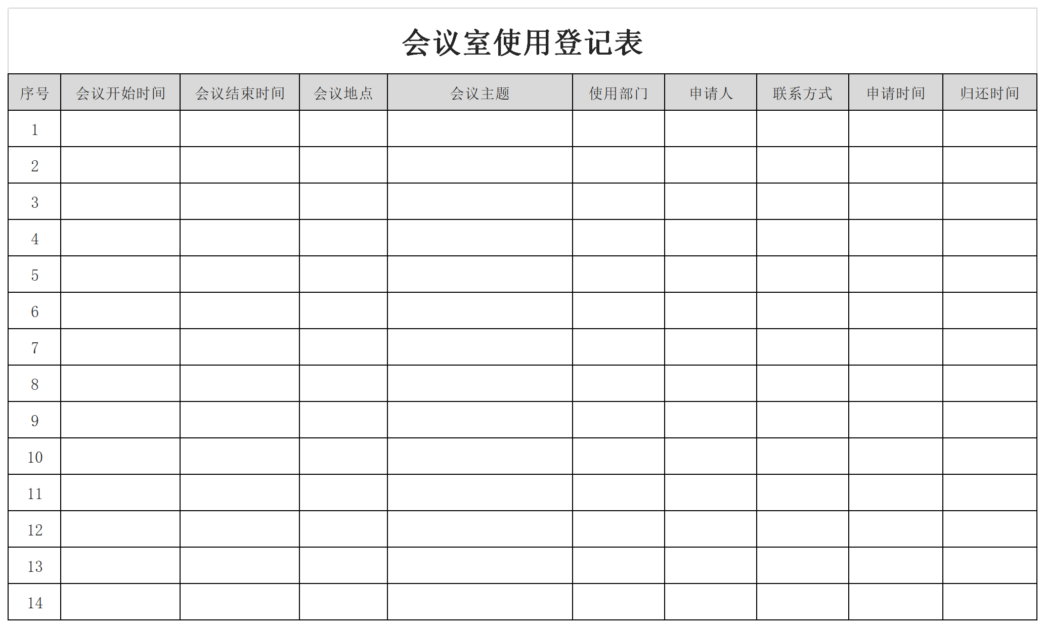 会议室使用登记表