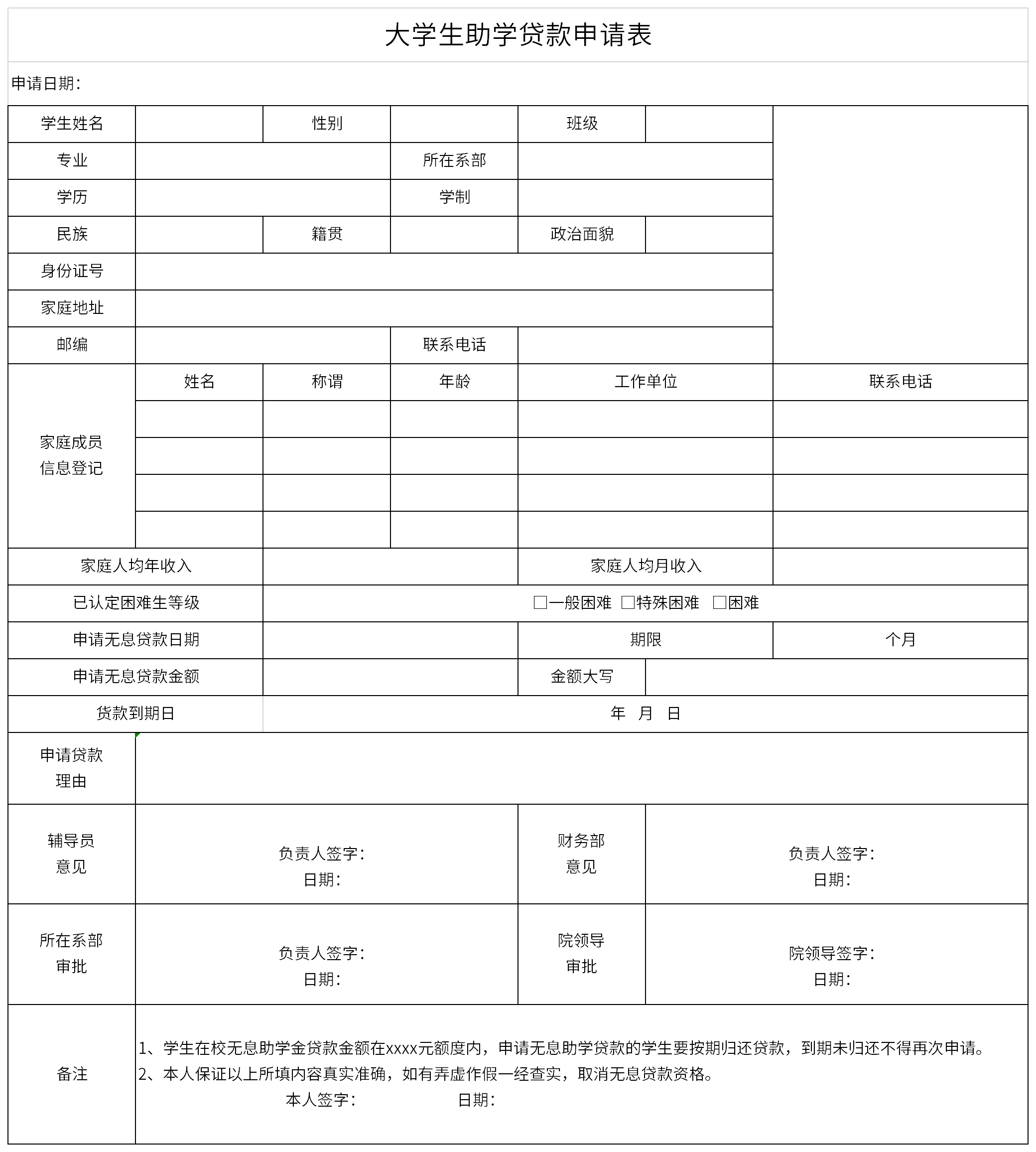 大学生助学贷款申请表