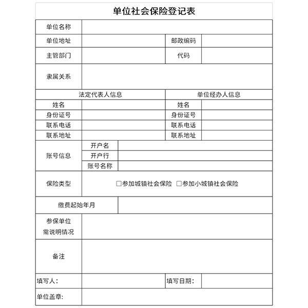 单位社会保险登记表要填写内容:单位名称,单位地址