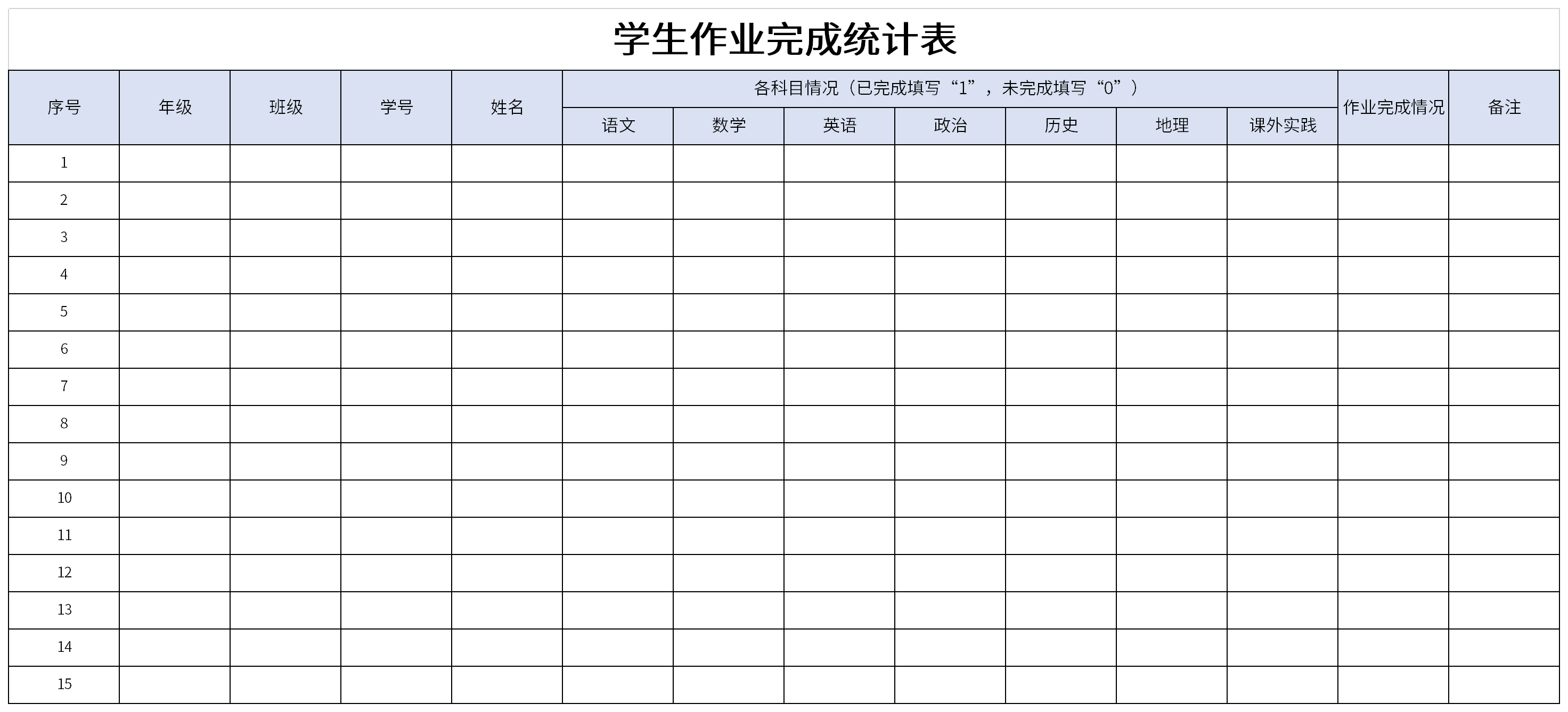 学生作业完成统计表