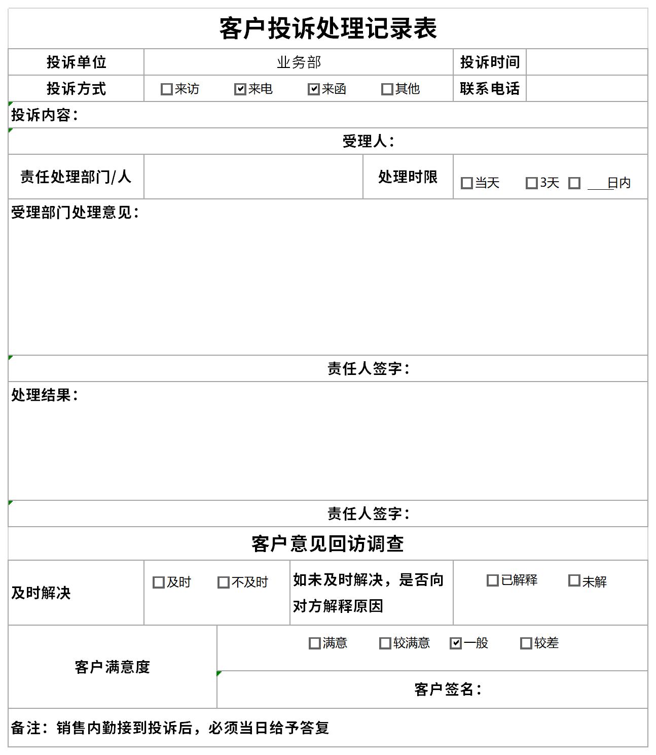 源文件即可自行编辑修改内容样式,更多有关客户投诉处理记录表模板