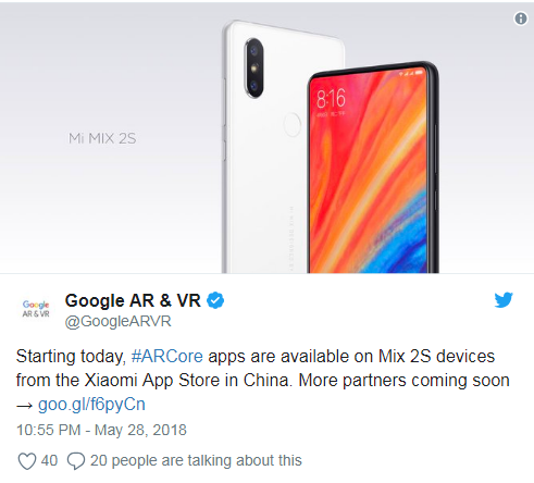 谷歌欲把ARCore带进中国市场 小米Mix 2S为首发区域