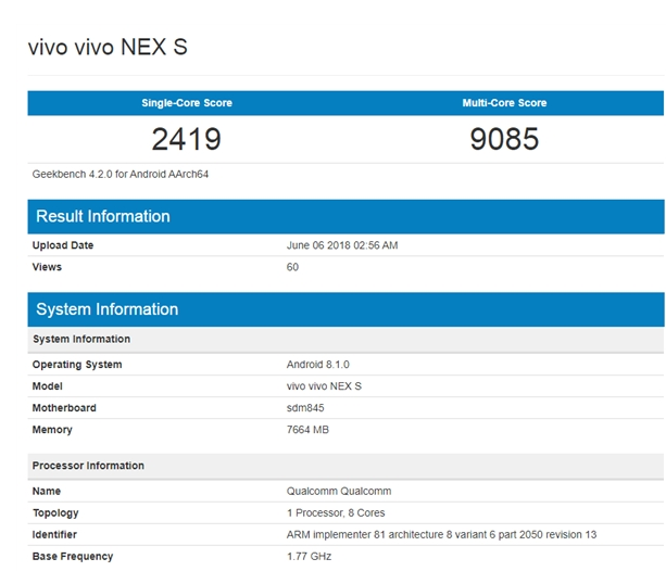 新机vivo NEX出现在GeekBench:搭载高通骁龙845