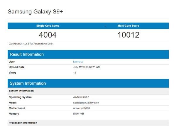 GeekBench跑分：Exynos 9810处理器单核性能超4000分