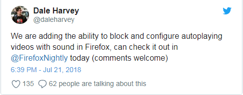 Firefox新增配置选项,可让带声音的视频不自动播放