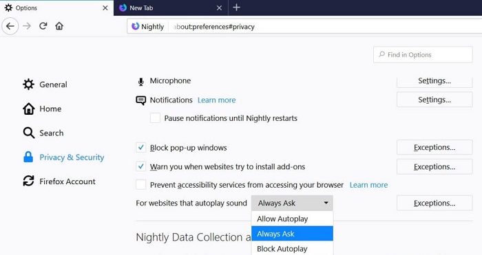 Firefox新增配置选项,可让带声音的视频不自动播放