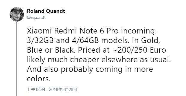 外媒:红米6 Note版已通过多地官方机构认证