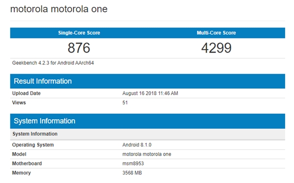 摩托罗拉新机亮相跑分网站:代号motorola one