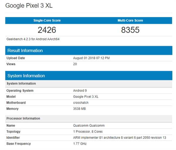 Google Pixel 3 XL亮相Geekbench:单核跑分2426