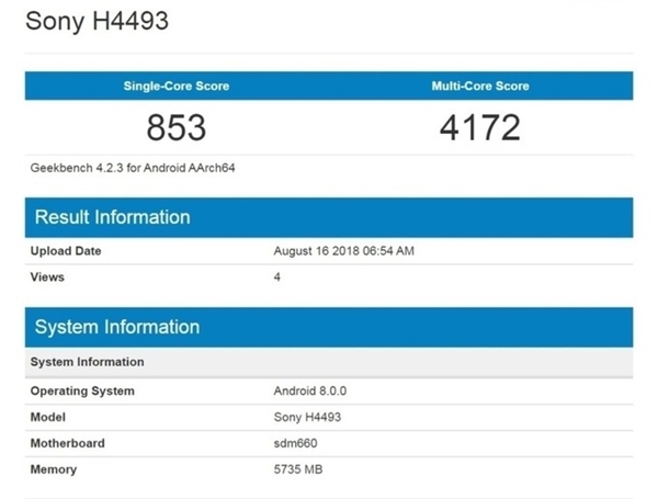 索尼新机亮相跑分网站:代号Sony H4493