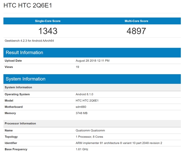 HTC新机亮相跑分网站:或是U12 Life