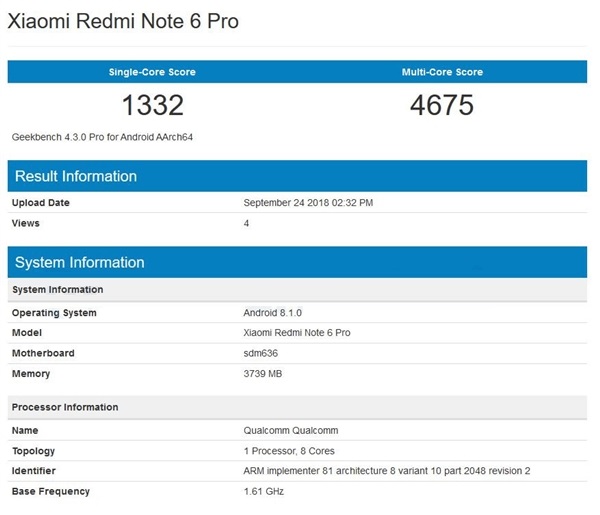 红米Note 6 Pro亮相Geekbench：单核1332，多核4675