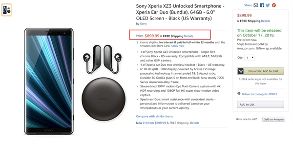 索尼Xperia XZ3美国开售：售价899.99美元
