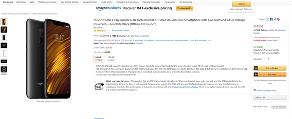 小米POCOPHONE F1亮相英国:329.99英镑起售