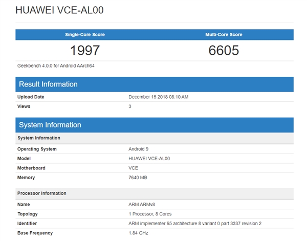 华为nova 4亮相GeekBench:单核1997分