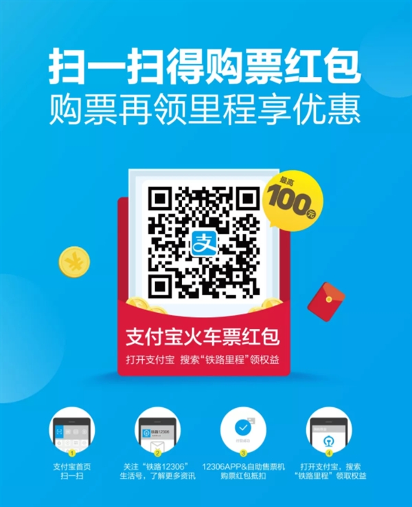 支付宝买火车票新福利：最高可领100元红包