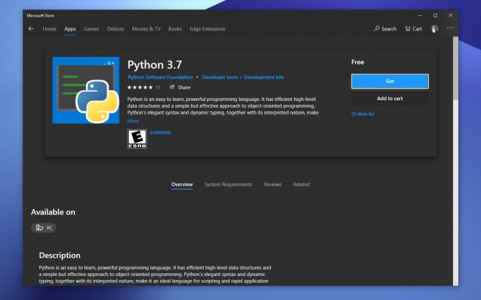 Python 3.7亮相微软商店,尚在评估阶段