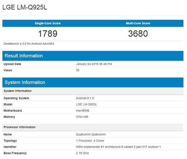 LG G9亮相跑分网站：运行Android 8.1系统