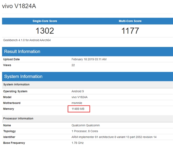 vivo新机亮相GeekBench数据库：12GB内存
