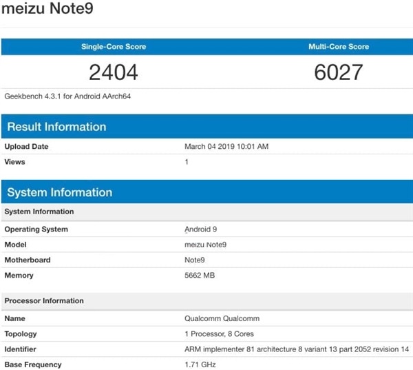 魅族Note 9正式亮相GeekBench 4.3数据库