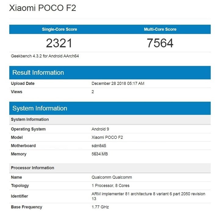 小米新机亮相Geekbench：POCO F1 Lite？