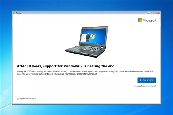 微软推送弹窗：提醒用户Win7已接近尾声