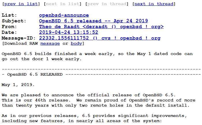 开发工作完成 OpenBSD 6.5提前发布
