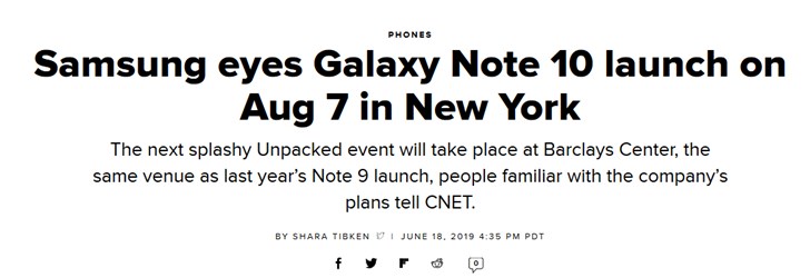 三星旗下Galaxy Note 10 设备将上架纽约