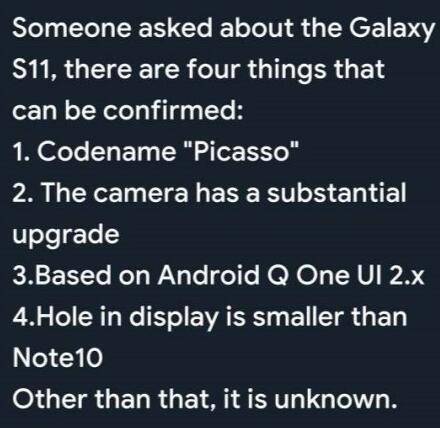 新设备三星Galaxy S11代号Picasso 运行One UI 2.x系统