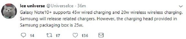 Galaxy Note 10+设备或搭载45W有线快充