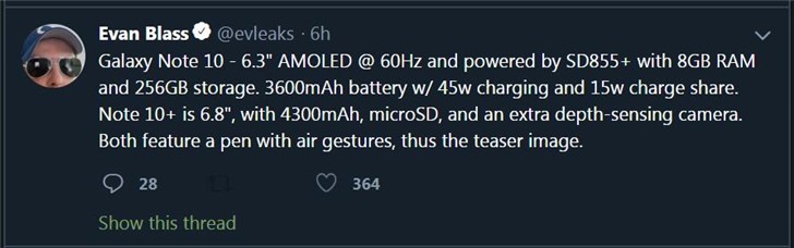 新机三星Note 10爆料：骁龙855 Plus+45W快充