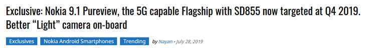传诺基亚9.1 PureView目标于第四季度上线