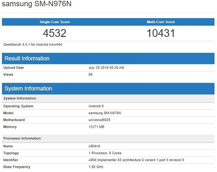 三星Note 10 5G版登录GeekBench：使用上Exynos 9825