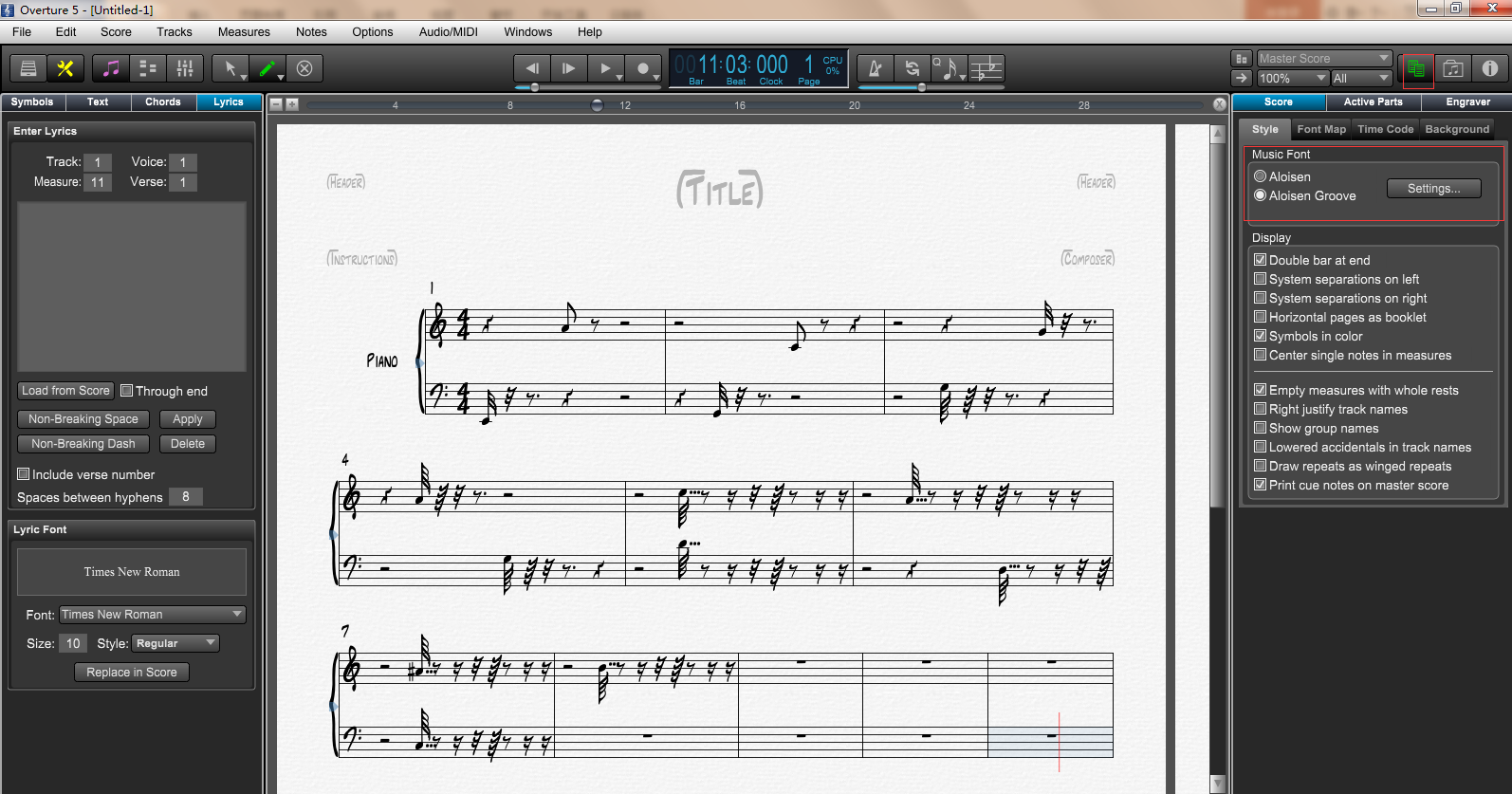Overture使用手写的字体显示总谱的具体操作步骤