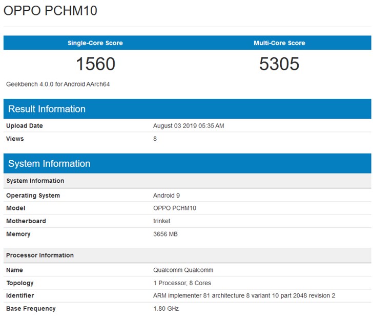 OPPO A9s登录Geekbench 搭载骁龙665