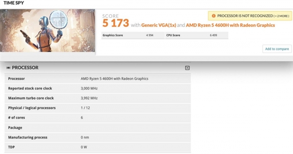 锐龙5 4600H 3DMark跑分出炉 与i7-10750H处于同一级别