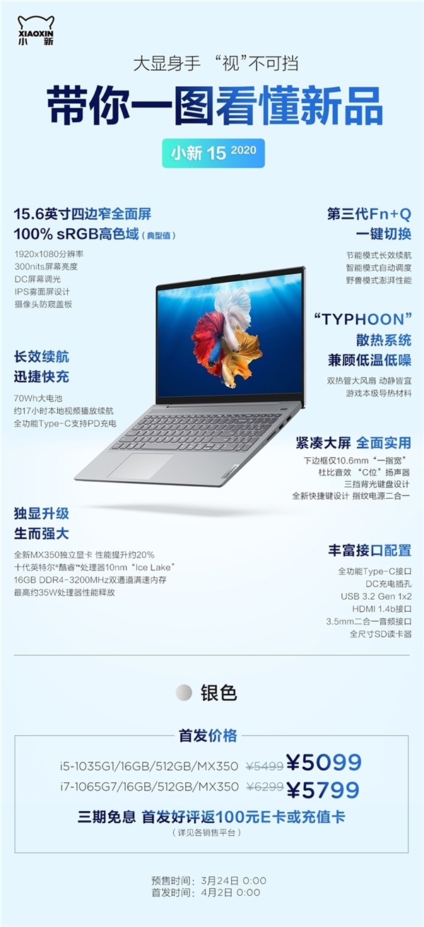 小新15 2020款发售:十代i5+MX350售价4999元