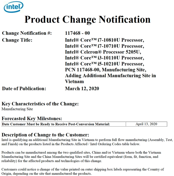 Intel曝出i7-10810U：越南产