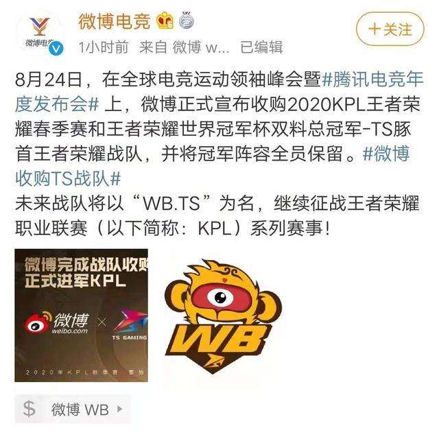 微博进军王者荣耀职业联赛，收购冠军TS豚首战队