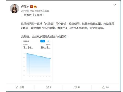 卢伟冰晒出Redmi Note 9系列久恒剑续航表现：达到同级No.1