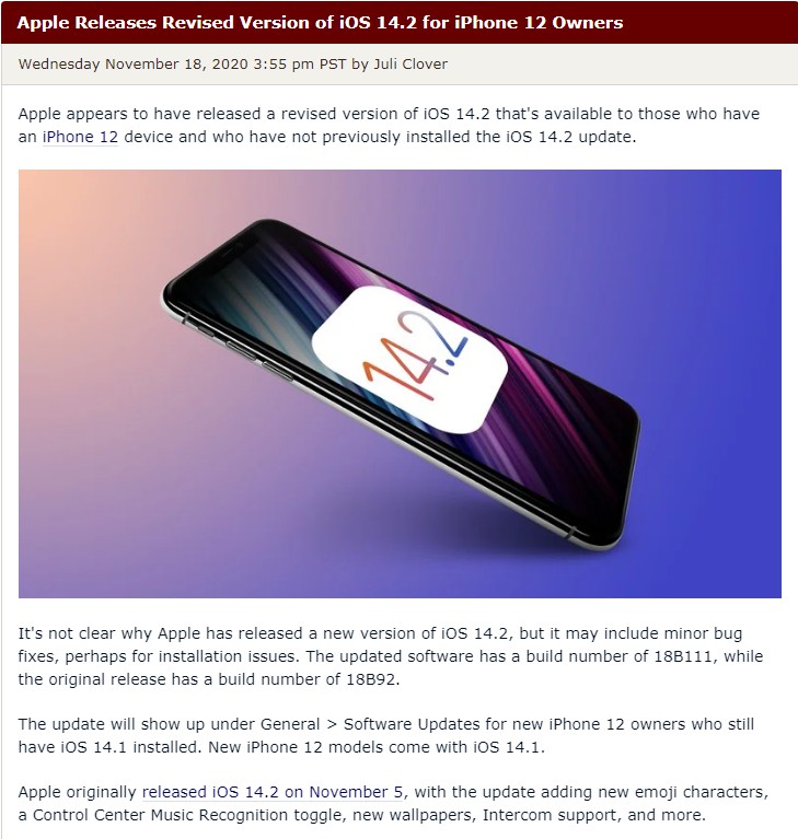 苹果发布最新版系统iOS14.2 仅支持苹果12系列用户