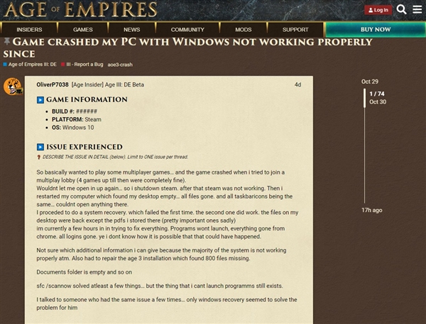 《帝国时代3》重制版出现严重Bug：导致玩家文件丢失