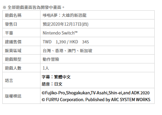《哆啦A梦:大雄的新恐龙》12月17日推出NS繁中版