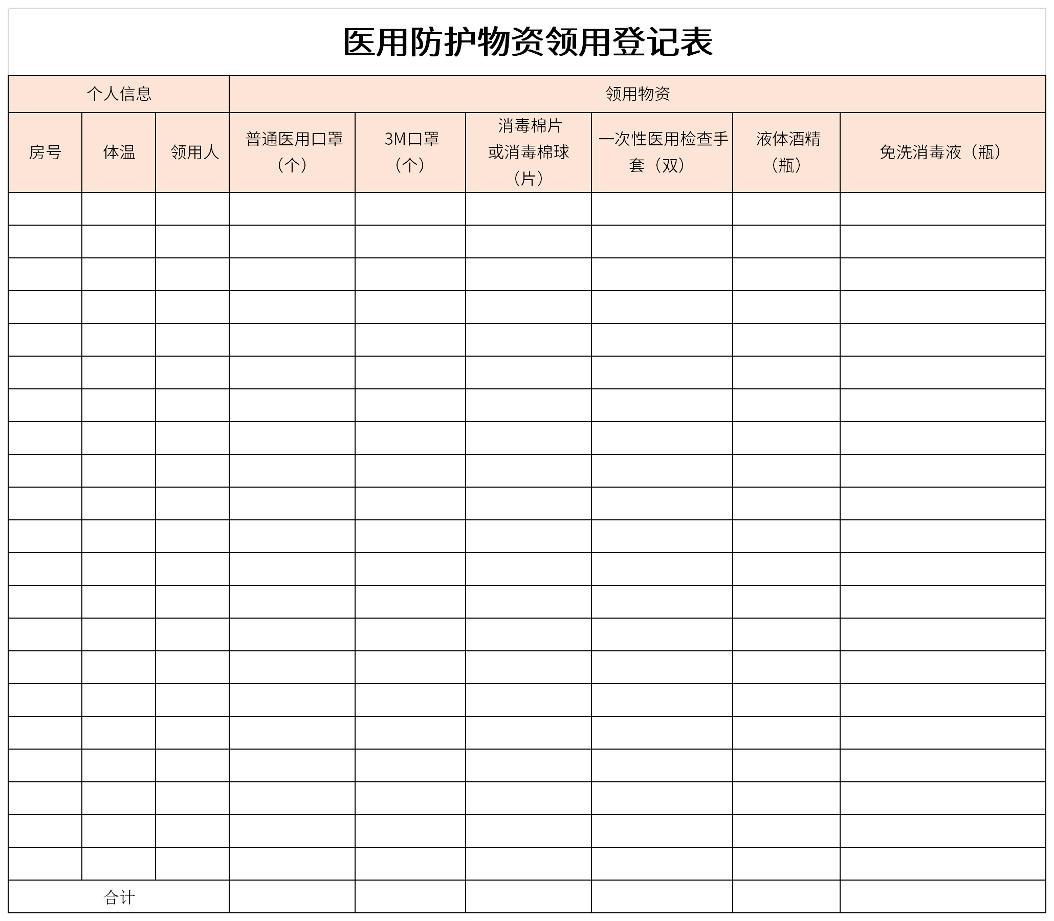 领用登记表医用防护物资领用登记表中有病房住号,体温,领用人,口罩