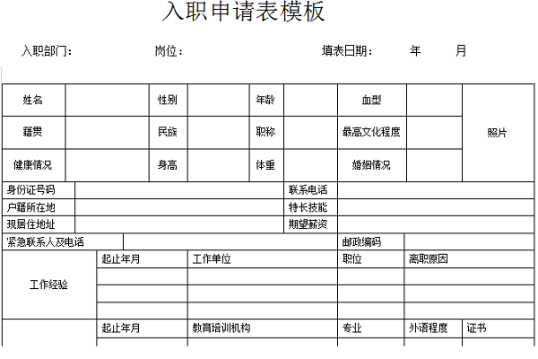 入职申请表模板范文截图