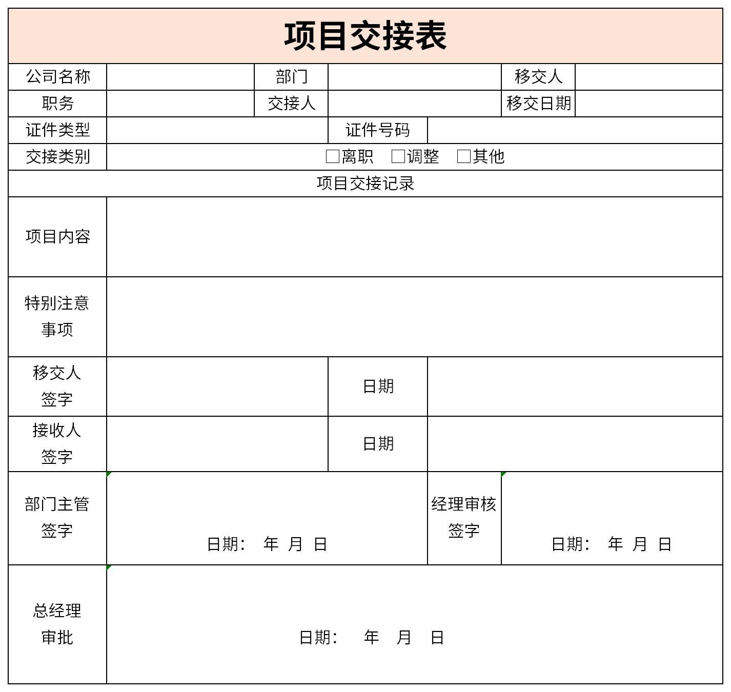 项目交接表截图