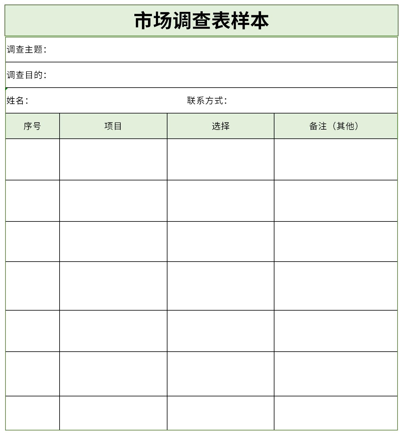 市场调查表样本是调研人员对市场行情过程用表格的方式进行描述和分析