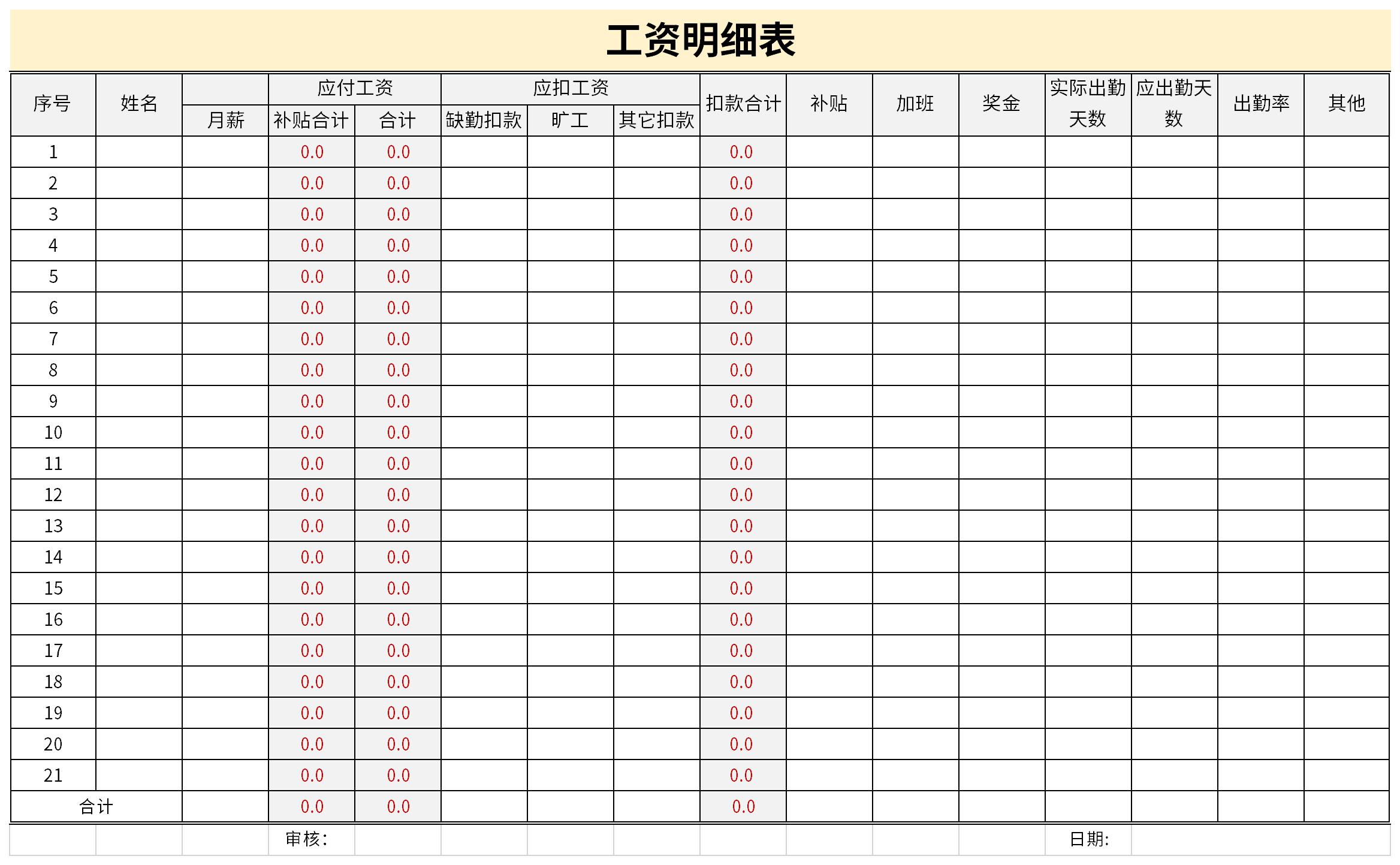 工资明细表 清单图片