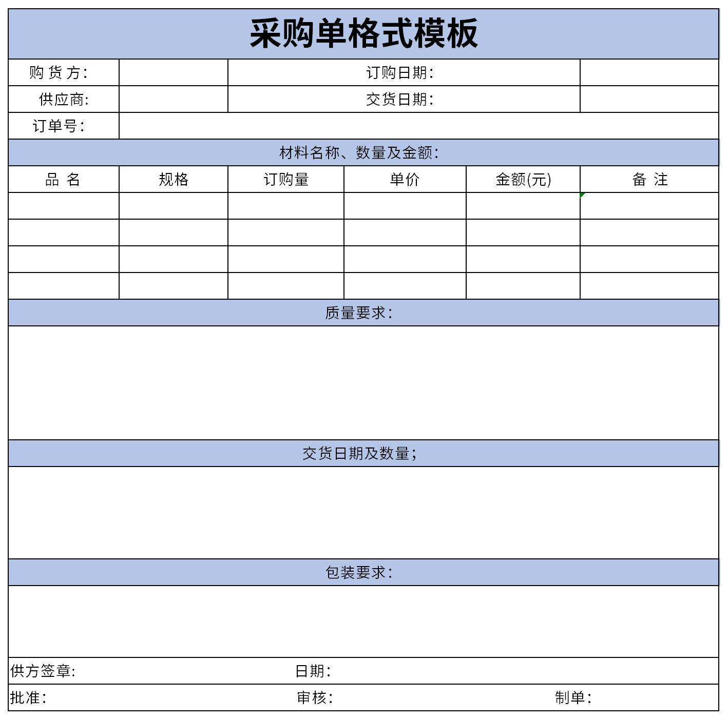 採購單格式模板是指企業採購部門向原材料,燃料,零部件,辦公用品等的