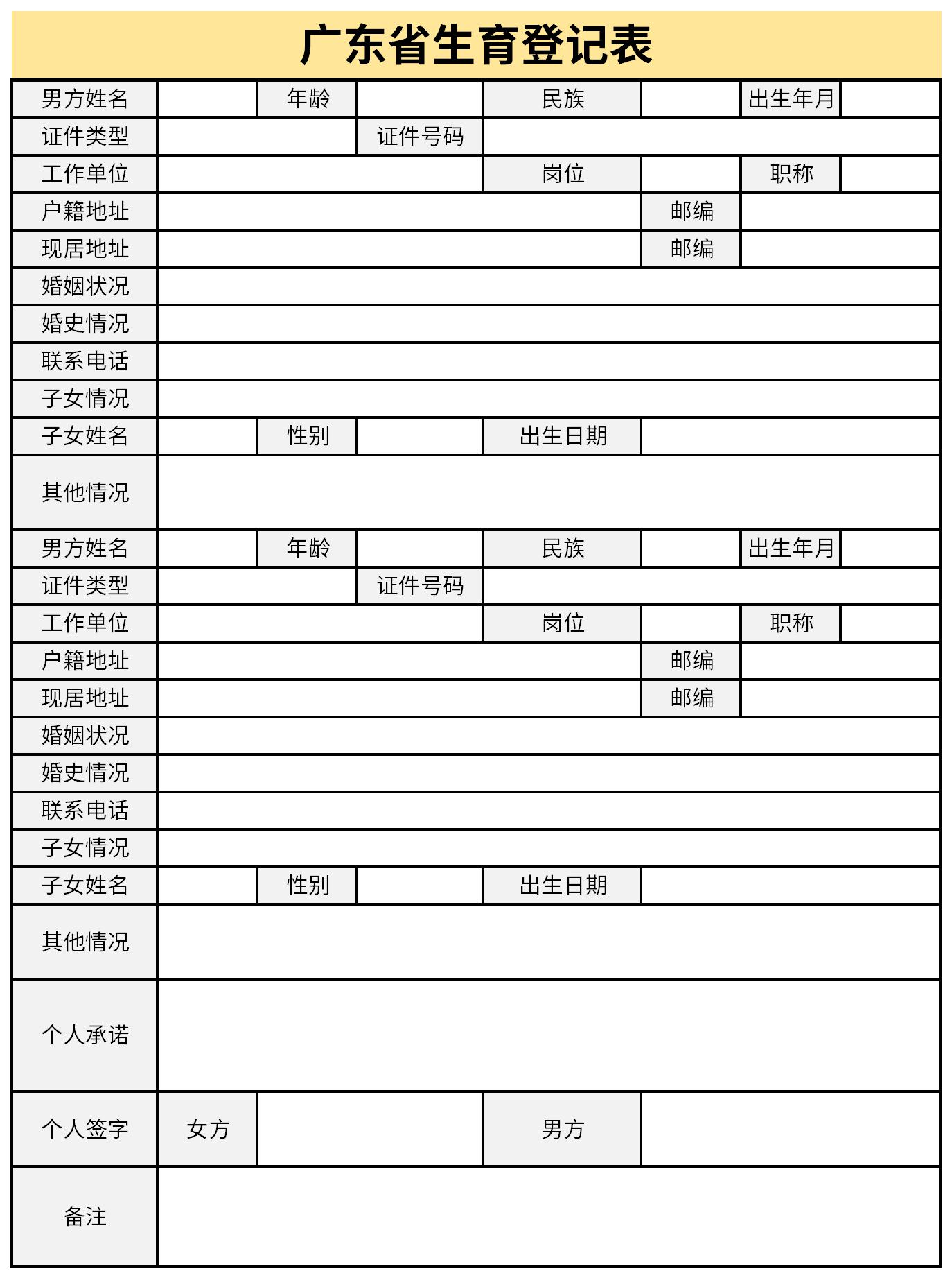 登记表格式表格电子版图片